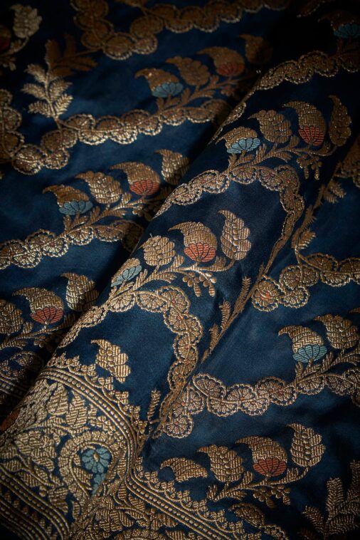 Dark Blue Pure Silk Kadwa Banarasi Saree - Image 3