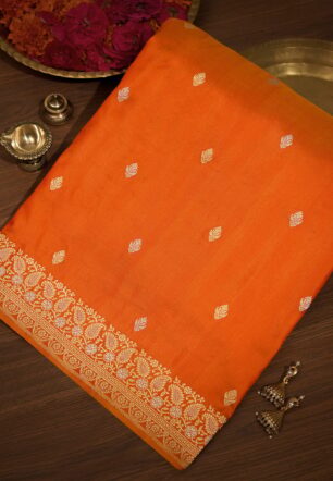 Orange Pure Silk Kadwa Banarasi Saree.