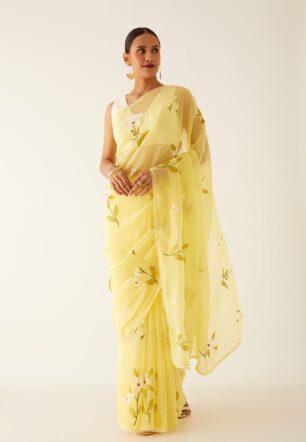 Yellow Viscose Organza Embroidered Saree