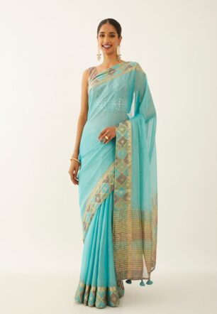 Blue Pure Georgette Tissue Woven Saree